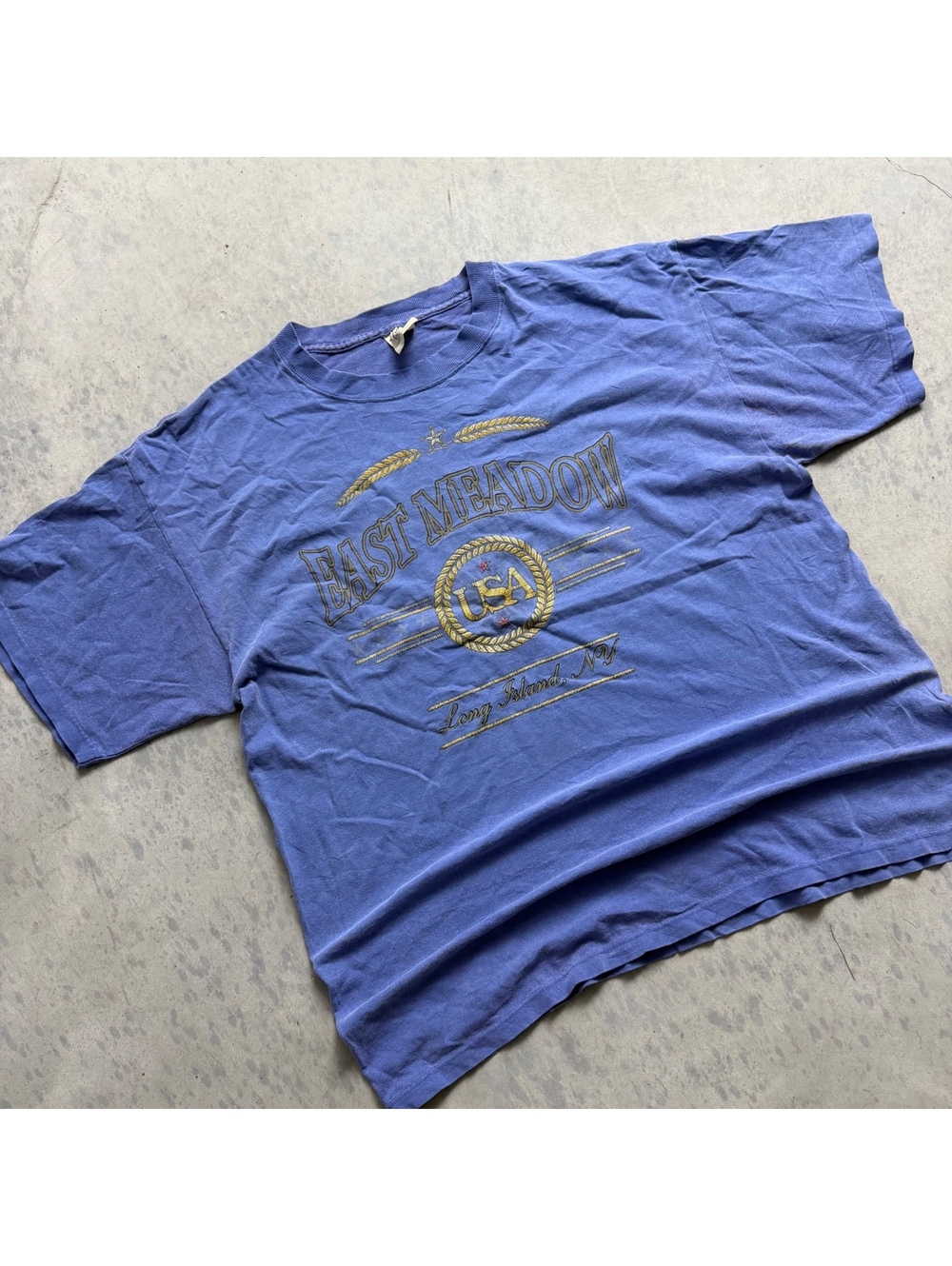 Vtg 90s East Meadow Graphic T Shirt Sz. L Blue Long Island New York Made in USA
